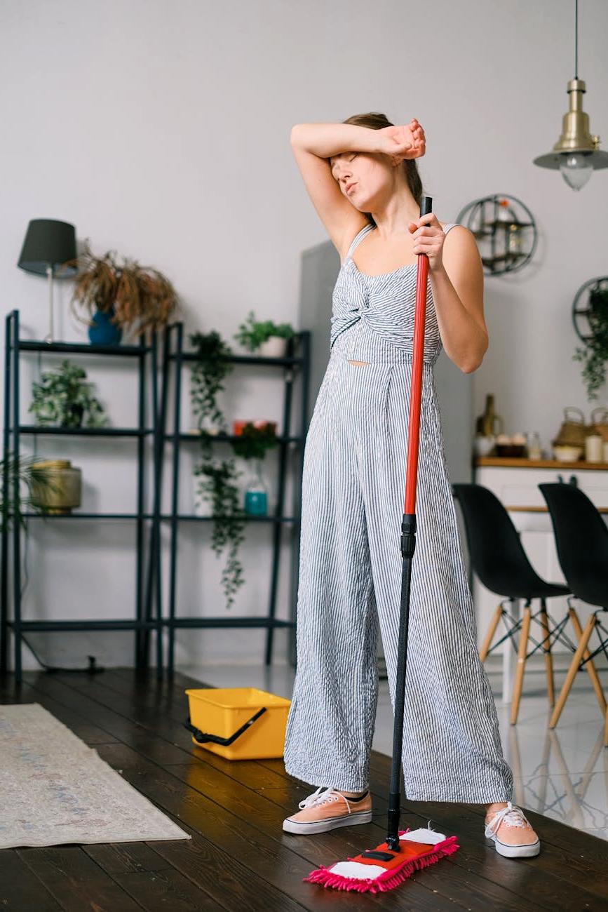 Modern organized cleaning supplies and pristine home interior